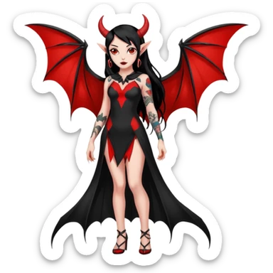 Full red-skin demon girl (entire body red), long black hair, small red horns, pointed ears, single bat wing, black open-back dress, bold tattoo-flash comic linework, red/black/gray, dark background, no text. sticker
