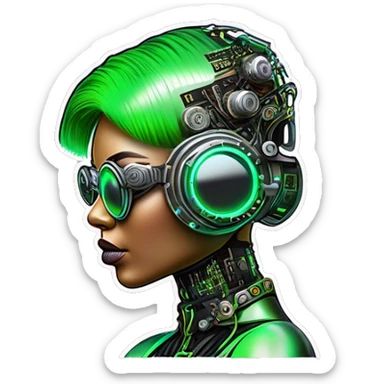 Neon green bobbed hair Latina female cyborg head with silver steampunk goggles and circuits sticker