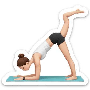 "Minimalist flat vector illustration of a woman doing yoga in forward fold pose (Uttanasana), wearing sportswear (white top and black shorts), brown hair in a bun, clean white background, no face details, elegant style" sticker