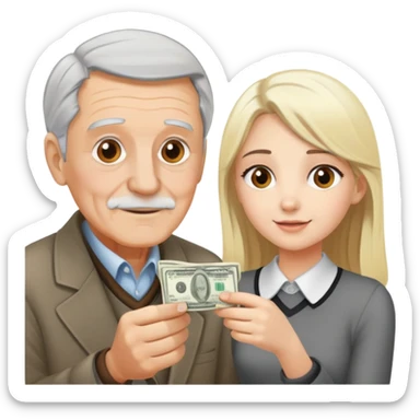 Kind elderly grandfather with gray hair giving money to a pretty blonde young woman who needs financial help, hot sticker