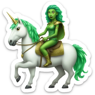 a green amazon alien woman on a four-legged white unicorn sticker
