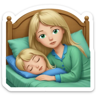 Woman with blue eyes and long dark blond hair and a bang, sleeping in bed  with green pyjama sticker