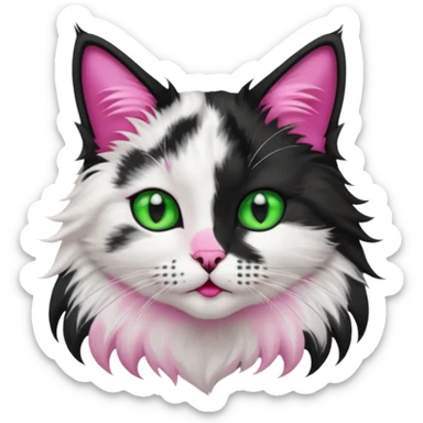 black and white long hair cat. green eyes. black nose and pink lips. black splotch in the shape of a star near nose (on the right side) sticker