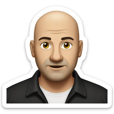 A slightly overweight middle-aged Italian man with olive-toned skin with bald hair and no facial hair. He is wearing a sleek black smart shirt, casually unbuttoned at the top. sticker