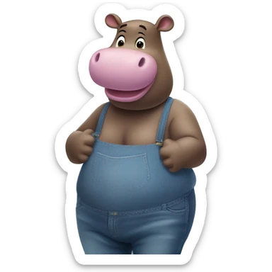 Gloria the Hippo shown in an inflated, massive-shaped form.  Her Blue Shirt and blue jeans that appear tight due to her inflated shape. her head and arms are visible above her ballooned body. her arms are holding her body, Madagascar screencap sticker