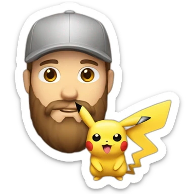 white man with brown hair and beard and a red cap, holding and a pikachu pokemon sticker