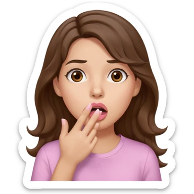 girl with wavy long brown hair, brown eyes, light to medium complexion, long lashes, light pink lipstick, wearing light pink shirt, shocked, hand covering mouth sticker