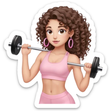 cute balayage brunette long hair curly/wavy haired girl, hoop earrings, clean girl makeup DOING EXERCISE with weights with a cute pastel pink set sticker