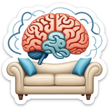An icon featuring a brain, a couch, and a psychological test, symbolizing the study of psychology. The design includes abstract patterns representing the mind, with a calm, therapeutic setting in the background. Transparent background highlights the exploration of human behavior and mental health. sticker