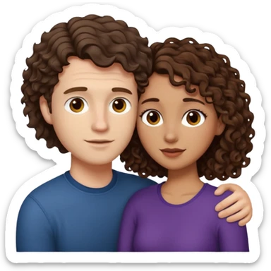 white male with short, straight, medium brown hair, shorter mixed toned woman with long curly dark brown hair, relationship sticker