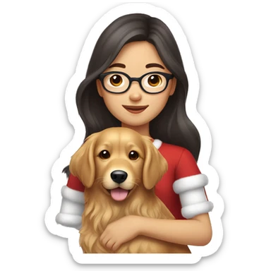 christmas Asian Girl with long wavy dark brown hair and medium brown eyes and eyeglasses holds her pet golden retriever sticker