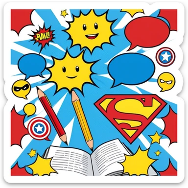 Create a vibrant and dynamic emoji representing comic books and graphic novels as an art form. The design should feature a comic book page with panels and speech bubbles, showcasing bold lines and vibrant colors. Include elements like a pencil or pen, as well as a superhero icon or an action scene to symbolize storytelling through visuals. Use bright, energetic colors like red, blue, and yellow to convey excitement and creativity. The overall design should feel playful, creative, and artistic. Make the background transparent. sticker