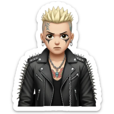 A fan of heavy extreme music, a metalhead in chains with rivets on a leather jacket sticker