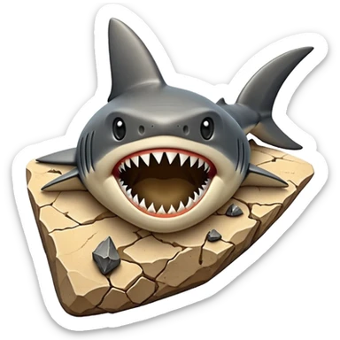 3D render of Shark Tooth, embedded in a chunk of rough sedimentary rock, cracked stone texture, ancient fossil aesthetic, shiny black enamel tooth embedded in beige sand, matte dry finish, Apple emoji style, isolated on white background --v 6.0 sticker