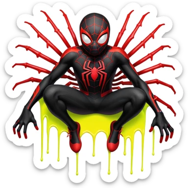A stylized sticker of Miles Morales Spider-Man, urban graffiti art style, spray paint drips, neon accents. High contrast, cinematic lighting, thick white contour border, isolated on white background, sticker sheet aesthetic. sticker