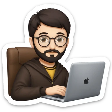 23 year old Azerbaijani man with very dark brown hair and beard with glasses and laptop , light yellow skin face, not European, glasses like a harry potter sticker
