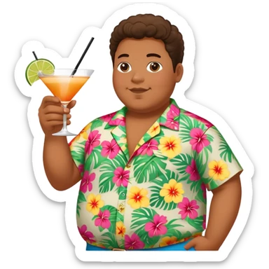 chubby guy full figure in a flowered hawai shirt holding a cocktail sticker