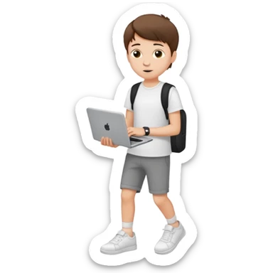 white teenage boy student, short hair, wearing a t-shirt and sneakers, carrying a laptop sticker