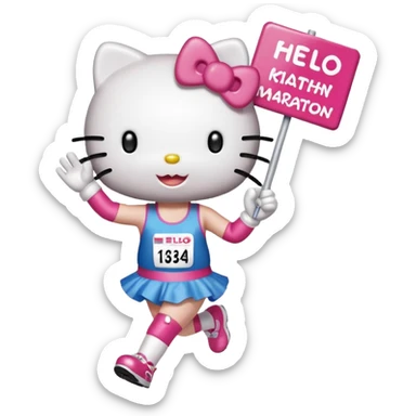 hello kitty cheering on a friend running the marathon, where she is holding a marathon sign. make sure the fae looks exactly like hello kitty - give her eyes and a nose but no mouth sticker