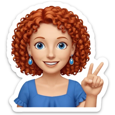 una profesora mayor simpática con el pelo rojo rizado, ojos azules, vestido azul y pendientes azules hablando sonriendo feliz indicando con un dedo sticker