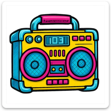 A boombox in Pop Colors style, with a futuristic look, metallic accents, digital display, and a mix of vibrant and electric colors sticker