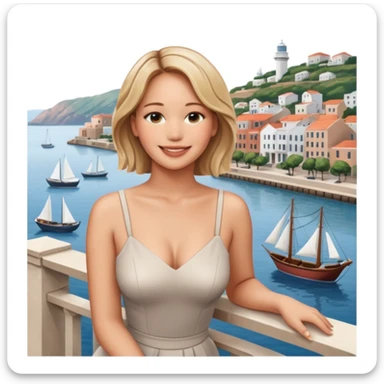 jennifer lawrence, leaning on a balcony with a harbor and cityscape in the background, smiling, closeup sticker