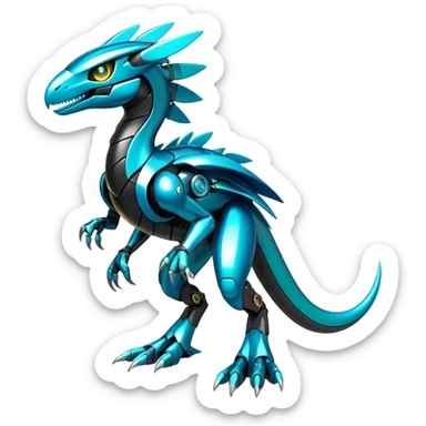 Shiny Futuristic Celestial Glossy-Metallic-Alloy Fakemon-Pokemon-Digimon-Spectrobes-Raptor-fusion, full body, four legs, black body, cyan accents, scales sticker