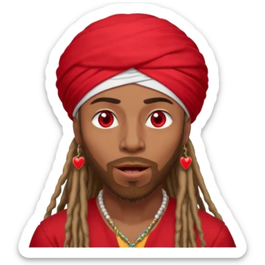 Brownskin man with long dreadlocks red shirt add white dubai turban add red heart in both of his eyes mouth open  sticker