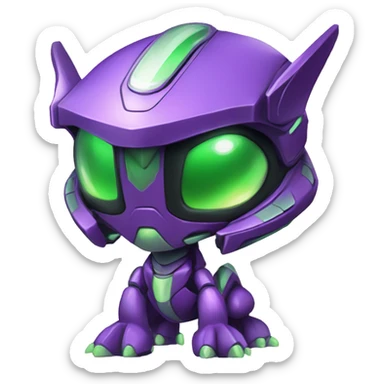 a chibi-style purple-green Genesect-Raptor-Fakémon—hybrid with a futuristic visor-helmet full body sticker