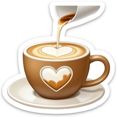 a flat white coffee without a face in a clean white coffee mug having  poured heart with latte on top sticker