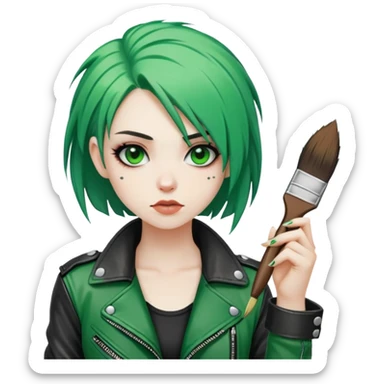 punk-girl with green hair in leather jacket with brush and 🤟🏻  sticker