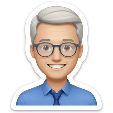 30 yr old pale white man, white/grey side swept stylish hair, round glasses, big smile, white teeth, handsome, longer hair, thin glasses, blue dress shirt sticker