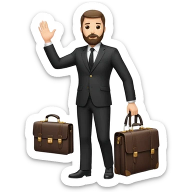 A handsome man, 40+ years old, with a thick beard in a black suit, fair skin, short stylish haircut, full-length photo, wearing an expensive watch, unusual pose, holding a briefcase sticker