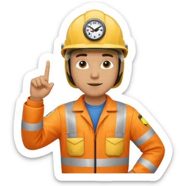 a guy wearing safety outfit with helmet standing and pointing finger to 3 oclock direction sticker