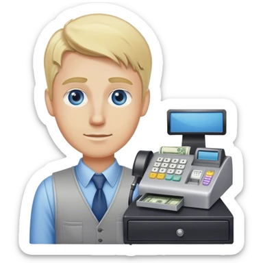blond hair blue eye male store clerk with cash register sticker