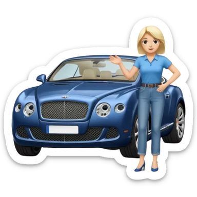 A fatter old blond lady in blue jeans washing a black Bentley car. show the full car and the lady next to it. show the face smaller and the person standing beside it sticker