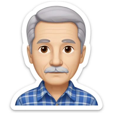 Senior Hispanic man with light complexion. Elongated face with wise expression. Relaxed brown eyes with gentle gaze. Thin eyebrows. White mustache connected to chin beard. Gray-white straight hair swept back. Wearing a beige and blue plaid long-sleeved shirt. sticker