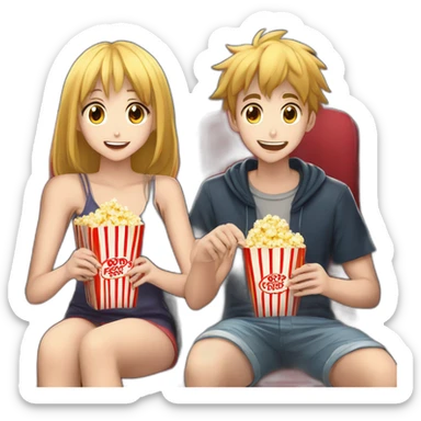 two anime girls 1 anime boy, watching movie at the cinema eating popcorn, dark background sticker