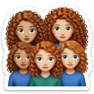 Make me 3 girls. One with medium size curly ginger hair, white skin and green eyes,  one with long curly dark brown hair with a little just a little darker skin and brown eyes,  and one with white skin and straight dark blonde hair and blue eyes  sticker
