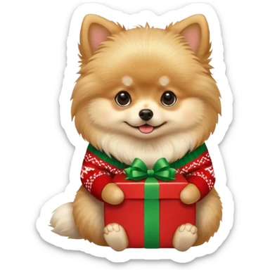 Pomeranian dog with a Christmas sweater sitting down and holding a present sticker