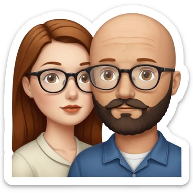 Couple. Bald man with dark brown-black beard. White woman with many small, faded freckles, she has white skin and she has auburn-brown-cinnamon, dark long hair. She has light brown eyes. The man have hazel eyes and glasses. She have light eyes. Retro style. She kisses him. sticker