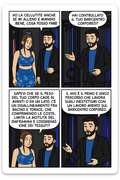 TRASFORMA QUESTO CAROSELLO IN UN FUMETTO CON QUESTE DUE PERSONE IDENTICHE CHE INTERLOQUISCONO TRA LORO:

LEI: Ho la cellulite anche se mi alleno e mangio bene, cosa posso fare?

LUI: Hai controllato il tuo baricentro corporeo?
LUI: Sapevi che se il peso del tuo corpo cade in avanti o da un lato, c’è un disallineamento fra bacino e torace, che comprimendo le coste, limita la motilità del diaframma e l’ossigenazione dei tessuti?
LUI: Il mio è il primo e unico percorso che lavora sugli inestetismi con un lavoro mirato sul baricentro corporeo. sticker