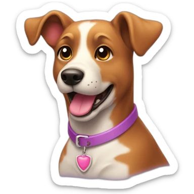 a purple dog with a brown nose and a pink collar with a bone happy  sticker