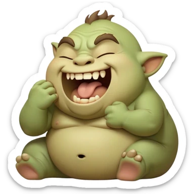 Cinematic Cute Yawning Ogre Portrait Emoji, with a surprisingly cuddly, rotund figure in soft earthy greens and browns, head tilted back in a big, gentle yawn exposing a set of comically oversized teeth, simplified yet irresistibly adorable, highly detailed with a soft glowing outline that captures the sleepy charm of a friendly ogre after a long day of gentle mischief! sticker
