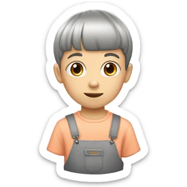 White child with bowl cut with a grey furry jumpsuit with peach dinosaurs on it  sticker