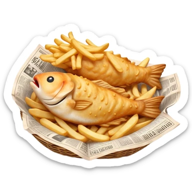 Cinematic Realistic Fish and Chips Dish Emoji, depicted with crispy golden battered fish and chunky hand‚Äêcut chips served in traditional newspaper wrapping, rendered with mouth‚Äêwatering texture and warm natural lighting that captures its quintessential British charm. sticker
