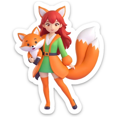 An anime girl with red hair in a fox costume sticker