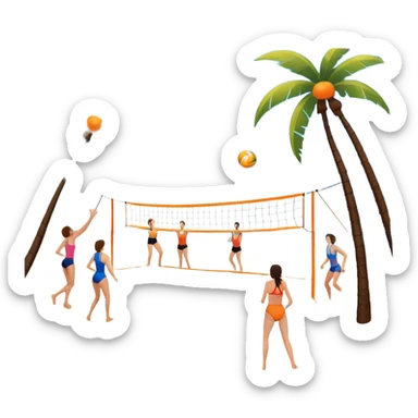 The scene captures a sunny sea beach atmosphere with clear blue sea and sky, palm trees swaying, and people in swimsuits enjoying the vibrant surroundings. A volleyball resting on the orange sand ground of a beach, with a volleyball net in the background.  sticker