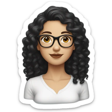 White girl with long curly black hair wearing square specs sticker