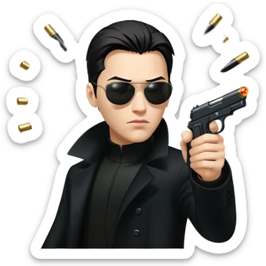 Neo from The Matrix in long black coat, sunglasses, and stopping bullets sticker